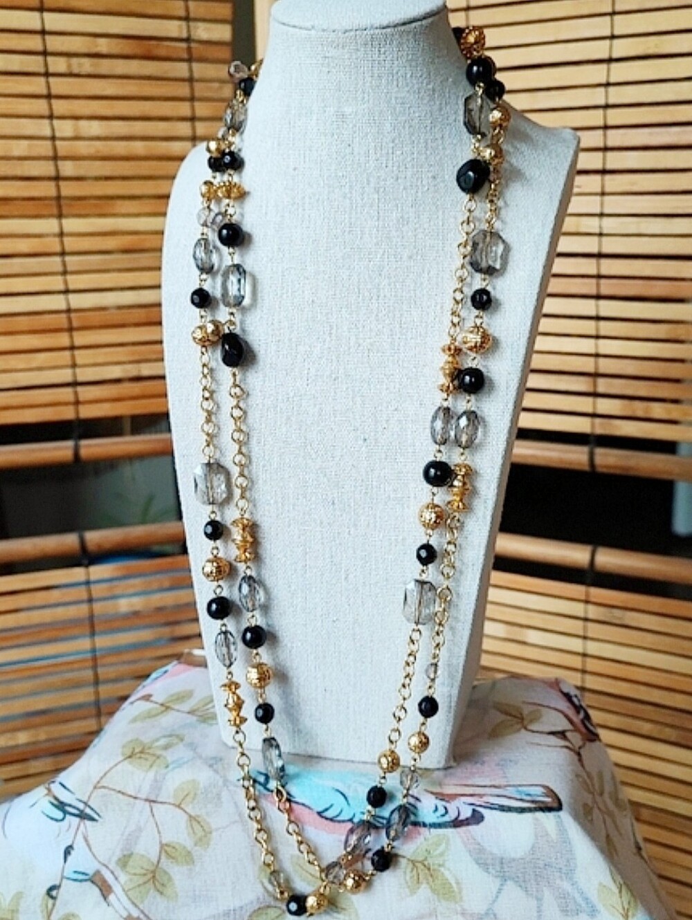 Joan Rivers Signed Extra Long Gold Tone Black Smoke Necklace Acrylic and Glass
